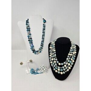 VINTAGE FASHION JEWELRY BUNDLE TEAL WHITE NECKLACE BROOCH EARRINGS JAPAN WOMEN